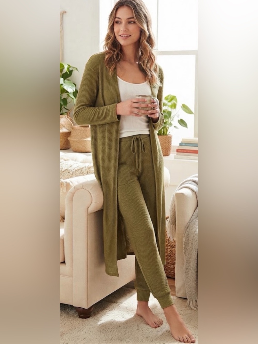 Army Green Waffle Knit 2 Piece Lounge Set Joggers & Long Duster